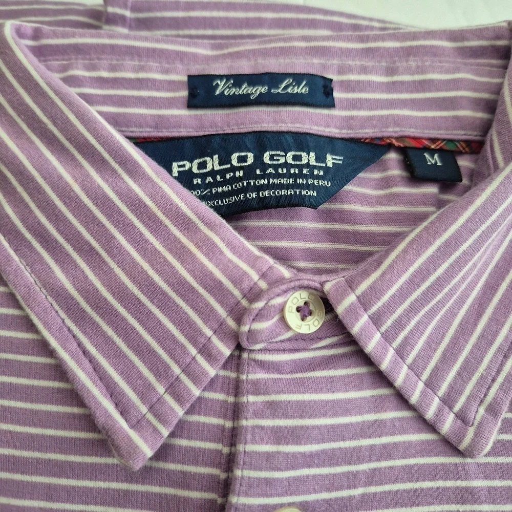 Polo‎ Golf Ralph Lauren Mens Vintage Lisle Purple Striped Polo Shirt Size Medium
